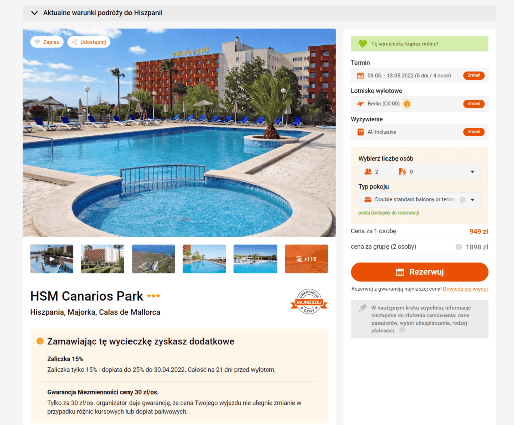 zrzut z ekranu pokazujący ofertę hotelu canarios park na majorce biura podróży exim tours